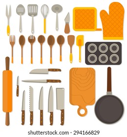 Flat design set of kitchenware isolated on white background. Vector illustration.