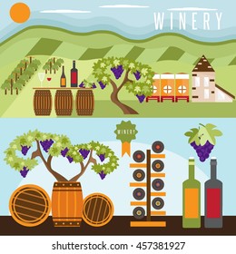 flat design set of landscape with winery , vineyard , barrels and bottles of wine