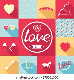 Flat design set for love. Symbols, elements, patterns in pop-art style. Vector CMYK eps8