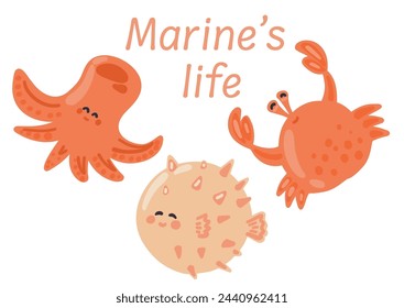 Flat design set with marine ocean animals octopus crab fish