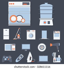 Flat design set modern icons of home appliances isolated.