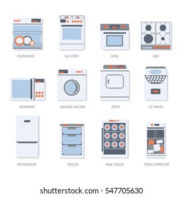 Flat design set modern icons of home appliances isolated on white background.