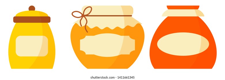 Flat design set of multi-colored glass or ceramic jars for jam, honey, bulk products: sugar, cereals, with a lid and a labels to sign the contents isolated on white background. Vector illustration.