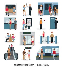 Flat design set with people in different situations in subway isolated on white background vector illustration