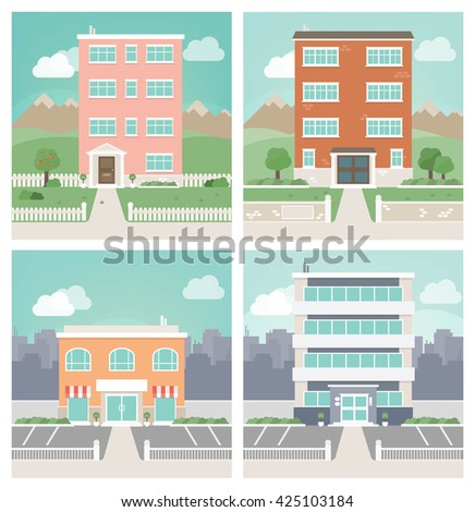 Flat design set of residential, business and commercial buildings, landscape and city on background