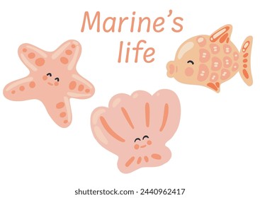 Flat design set with shell fish and star fish