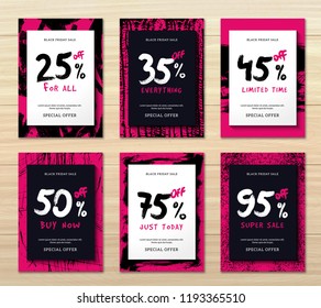 Flat design set of six vertical black friday discounts banners isolated on wooden background vector illustration