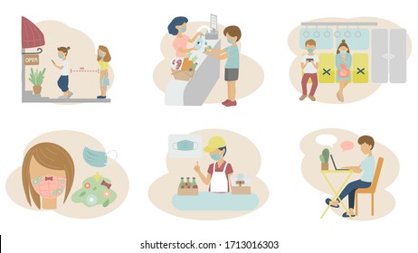 flat design set theme of " Life in time of corona ", Life in time of Pandemic. people are wearing face mask, do social distancing and use hand sanitizer when go shopping and use public transportation.