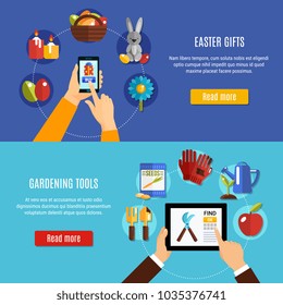 Flat design set of two horizontal banners with online order of easter gifts and spring gardening tools isolated vector illustration