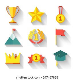 Flat design of set vector award success and victory icons with long shadow.