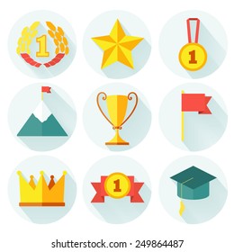 Flat design of set vector award success and victory icons with long shadow.