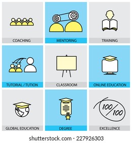 Flat design set of vector line icons of coaching mentoring training tuition tutorial classroom online & global education school college degree certificate infographics style concept collection