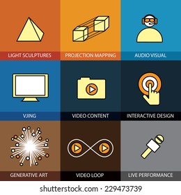 Flat design set of vector line icons of virtual reality live performance interactive design projection mapping web click video loop & content vjing generative art infographics style concept collection
