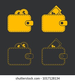 Flat design of set wallet icon. Yellow and outline wallet with notes and coins. Vector illustration. Isolated