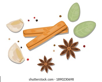 flat design with shadow healthy eating and fresh diet ingredient concept illustration decoration flat lay top view isolated on white background of garlic, pepper, bay leaf, star anise.