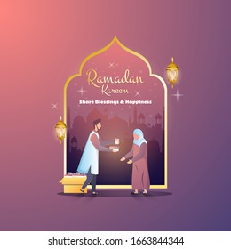 Flat design of share with other for Ramadan Kareem greeting postcard, Share blessings and happiness, Give food to others