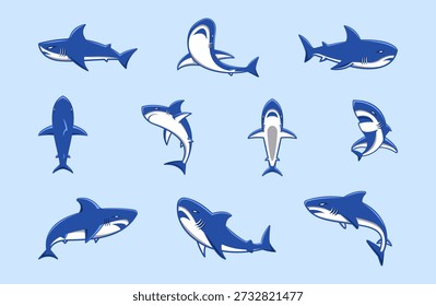 Flat design shark gesture icons showing swimming poses and angles clean ocean predator illustrations perfect for marine themes sport logos stickers and kids graphics
