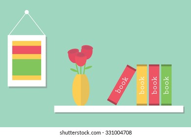 Flat design shelf with books. Flat design room interior decoration.