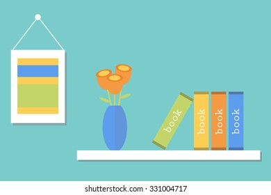 Flat design shelf with books. Flat design room interior decoration.