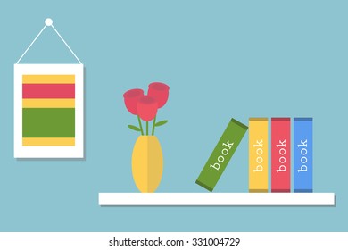 Flat design shelf with books. Flat design room interior decoration.
