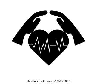 flat design sheltering hands and heart cardiogram icon vector illustration
