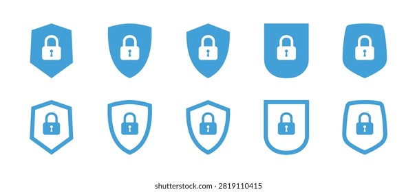 Flat design shield icons with padlock vector set representing cybersecurity and data protection in the technology industry