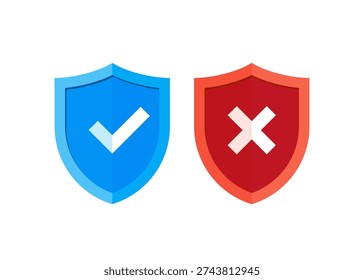 Flat design shields with checkmark and cross icons representing security, approval, rejection, safety, and risk control concepts. Stock illustration.