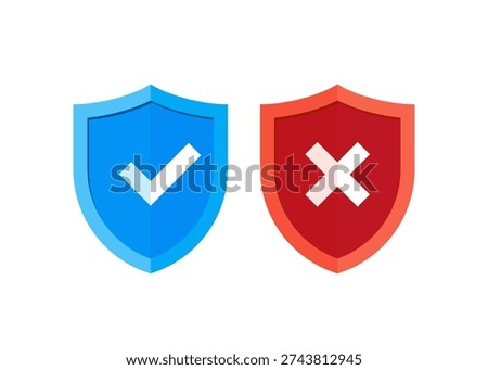 Flat design shields with checkmark and cross icons representing security, approval, rejection, safety, and risk control concepts. Stock illustration.