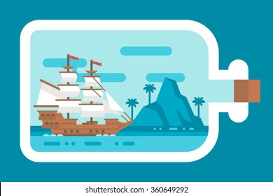 Flat Design Ship In A Bottle Illustration Vector