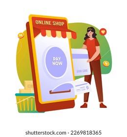 Flat design shop online by paying with bank card, Cashless payment transaction