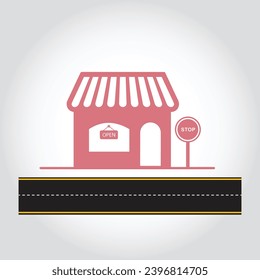 Flat design shop vector. Simple and clean house shop vector illustration. Shop house building illustration black road