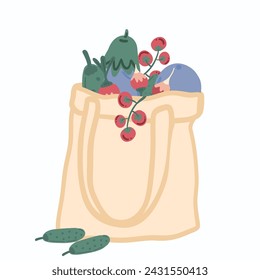 Flat design shopper bag with raw vegetables cucumber eggplants and tomato with radishes