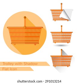 Flat design shopping basket vector icon on white with oval shadow long shadow and folded corner