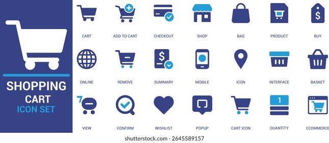 Flat design shopping cart icon set featuring e-commerce elements like add to cart, checkout, bag, product, wishlist, popup, and basket for digital platforms.




