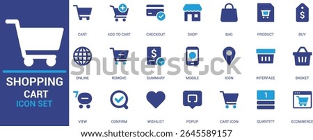 Flat design shopping cart icon set featuring e-commerce elements like add to cart, checkout, bag, product, wishlist, popup, and basket for digital platforms.




