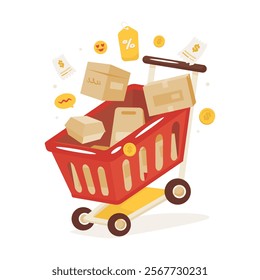 Flat design shopping cart for online store business services, Red shopping trolley object with product packages, Vector illustration