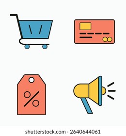 Flat Design Shopping Icons Including Blue Cart, Red Credit Card, Discount Tag, and Yellow Megaphone