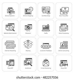 Flat Design Shopping and Marketing Icons Set. Online payment and shopping symbol, discount and one time offer symbol, traffic icon and internet marketing, crm icon and e-mail marketing symbol.