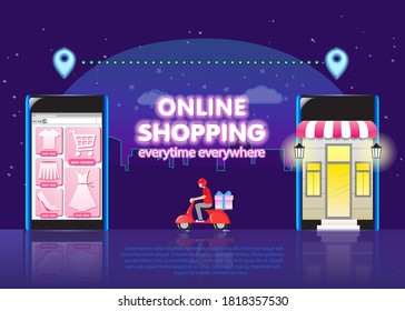 Flat design shopping online and delivery by scooter landing page 