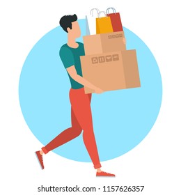 Flat design shopping people spending customer consumerism vector concept.    Young man bringing purchases, boxes and shopping bags.