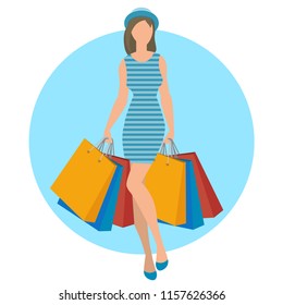 Flat design shopping people spending customer consumerism vector concept. Young woman with purchases, shopping bags.