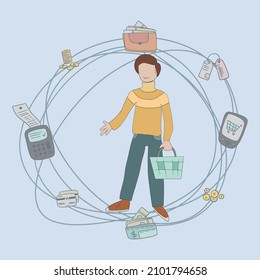 Flat design shopping people spending customer consumerism vector concept. . Person with stylized shopping elements on abstract background. Flat design shopping people spending customer consumerism vec