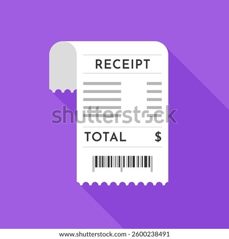Flat Design Shopping Receipt with Barcode on Vibrant Purple Background Featuring Long Shadow Effect