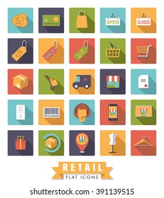Diseño plano compras e iconos vectoriales al por menor colección de cuadrados redondeados