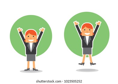 flat design of short hair business young women jump with raised hand and happy face