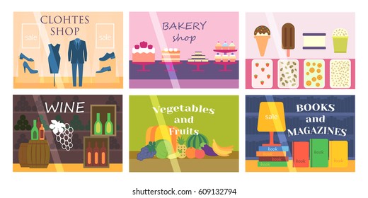 Flat design showcase restaurant shop facade icon store modern awning architecture window exterior and market front urban business house vector illustration.