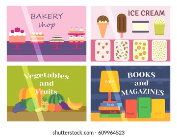 Flat design showcase restaurant shop facade icon store modern awning architecture window exterior and market front urban business house vector illustration.