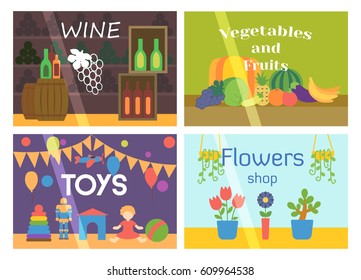 Flat design showcase restaurant shop facade icon store modern awning architecture window exterior and market front urban business house vector illustration.