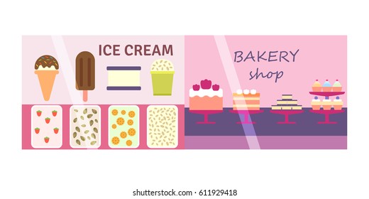 Flat design showcase restaurant shop facade icon store modern awning architecture window exterior and market front urban business house vector illustration.