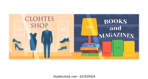 Flat design showcase restaurant shop facade icon store modern awning architecture window exterior and market front urban business house vector illustration.
